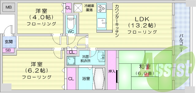 3LDK、モニター付きインターホン、バストイレ別。