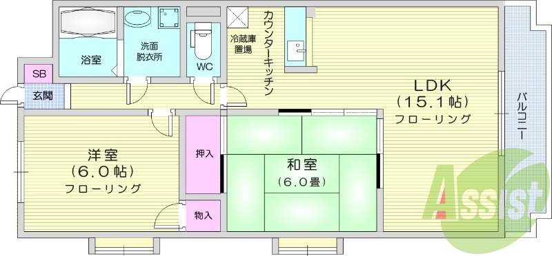 2LDK、バストイレ別、追焚機能、温水洗浄便座、独立洗面台