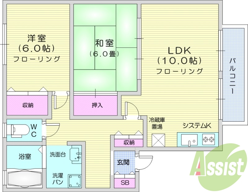 2LDK、システムキッチン、追い焚き、フローリング
