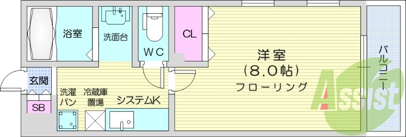 1K、室内洗濯置場、バストイレ別、インターネット無料