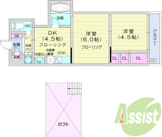 2DK、オートロック、ロフト、浴室乾燥機、バストイレ別