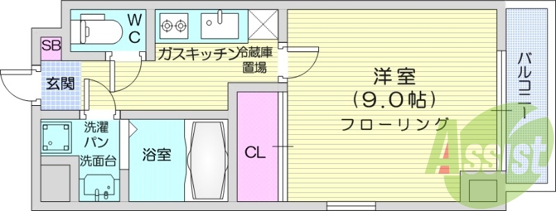 1K、防犯カメラ、オートロック、独立洗面台、室内洗濯機置場