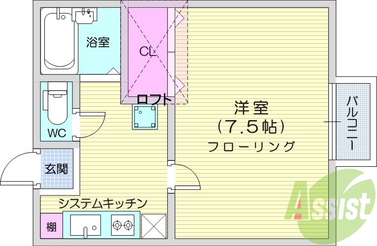 1Ｋ、バルコニー、ロフト、システムキッチン、バストイレ別