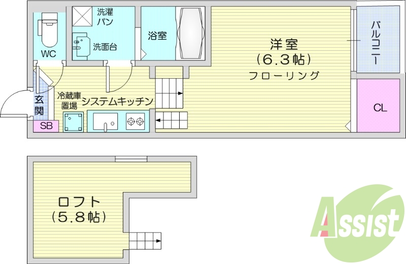 ワンルーム、陽当たり良好、ロフト部分収納スペース有ります。