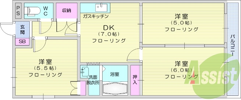 3DK、バス・トイレ別、ペット相談可、エアコン、BSアンテナ