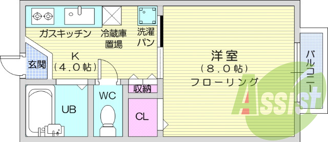 フローリング、都市ガス、エアコン、室内洗濯機置き場あり