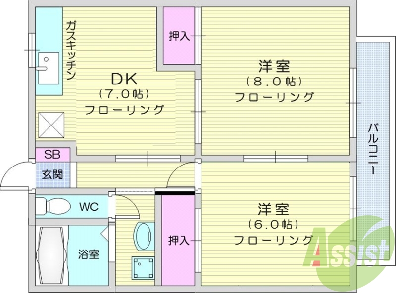 2DK、エアコン、トイレ浴室別、室内洗濯機置場、クローゼット