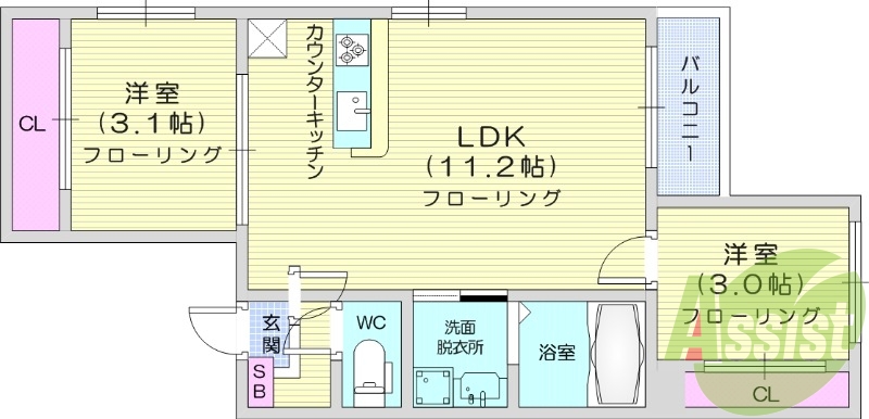 2LDK、インターネット無料、オートロック、浴室乾燥、