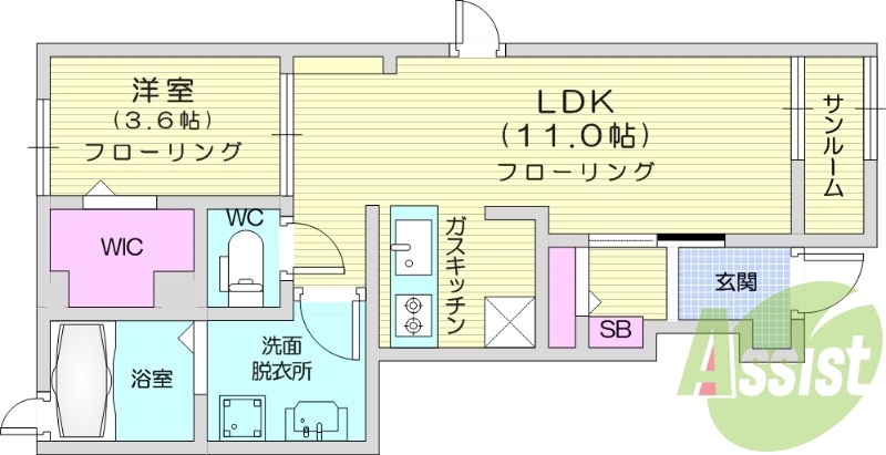 1LDK、フローリング、バルコニー、TV付きインターホン