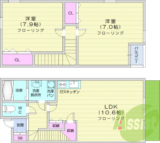 2LDK、角部屋、モニター付きインターホン、バストイレ別