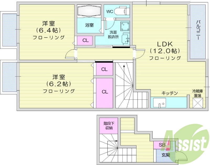 2LDK、トランクルーム、バルコニー、階段下収納