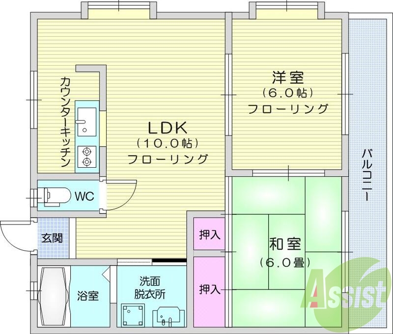 2LDK、BSアンテナ、エアコン、モニター付きインターホン