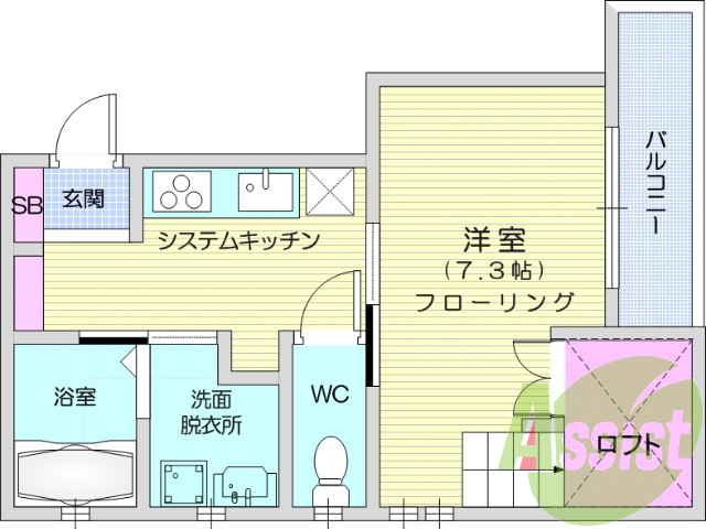 1K、東向き、バス・トイレ別、エアコン、バルコニー