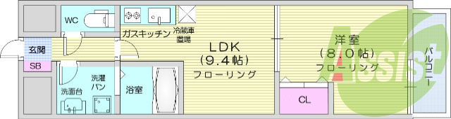 1LDK、独立洗面台、都市ガス、光ファイバー