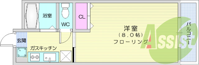 1K、フローリング、バストイレ別、温水洗浄便座機能