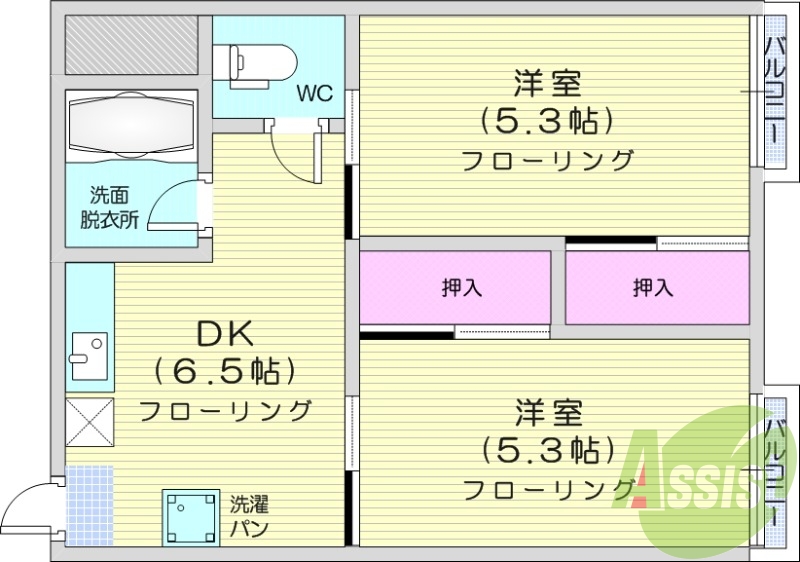 2DK、角部屋、CATVネット無料、敷金・礼金無料