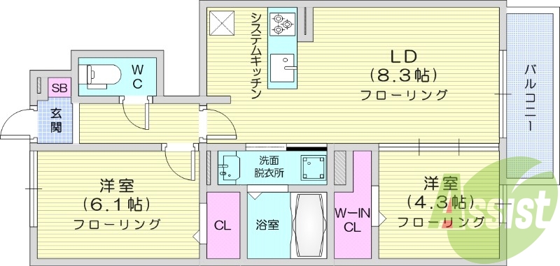 2LDK 独立洗面台 対面キッチン インターネット無料