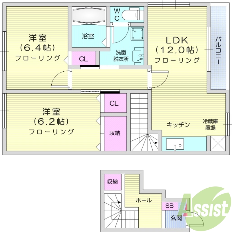 2LDK、浴室乾燥、独立洗面台、追い焚き、南向き、エアコン