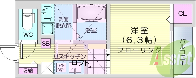 1R、エアコン、室内洗濯機置き場、トイレ浴室別、収納