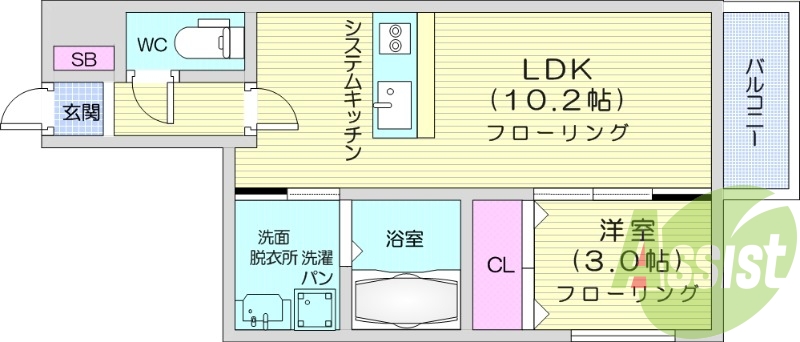 1LDK、フローリング、モニター付きインターホン、浴室乾燥機