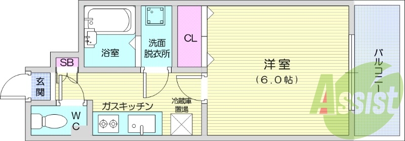 1K、エアコン、フローリング、室内洗濯機置場