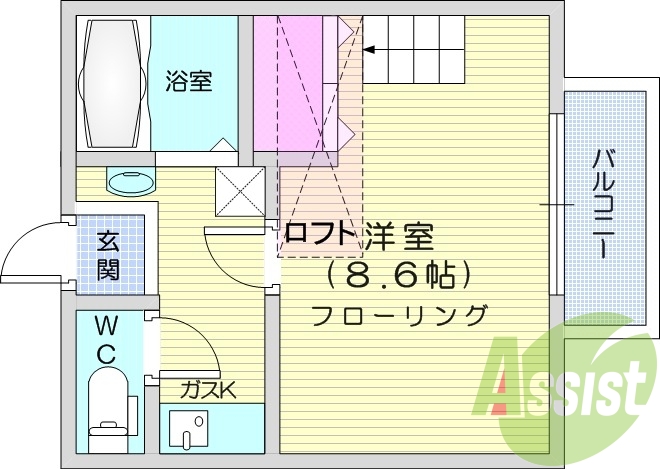 1K、ロフト、バルコニー、バストイレ別、ガスキッチン