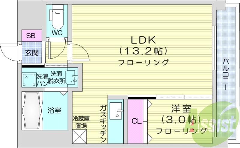 1LDK、追い炊き機能、温水洗浄便座付き、バス・トイレ別