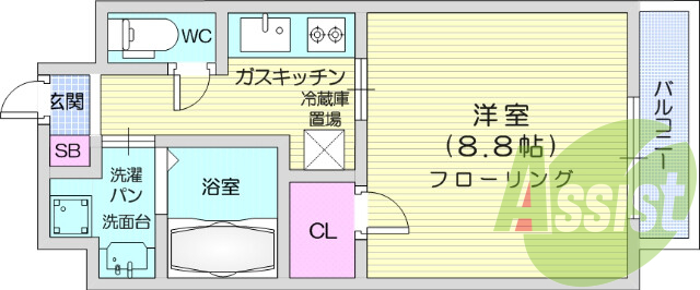 1K、バストイレ別、ウォークインクローゼット。