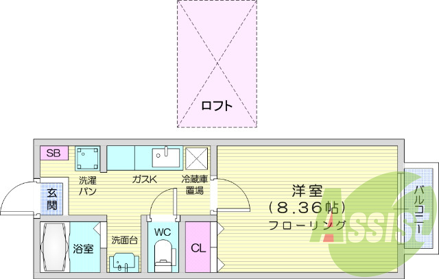 1K、ロフト付き、ネット無料、ペアガラス、敷地内駐車場、給湯