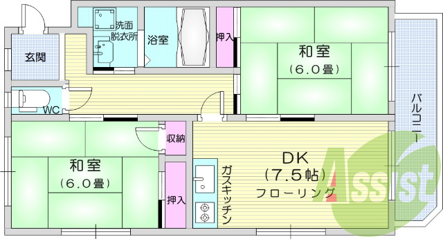2DK、独立洗面台、ウォシュレット機能、シューズボックス