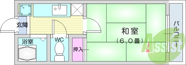 1Ｋ、和室6帖、バストイレ別、エアコン付き