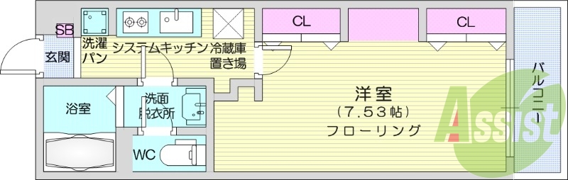 1K、浴室乾燥機、エアコン、バルコニー。