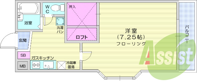 1K、エアコン、カメラ付きインターホン、ロフト