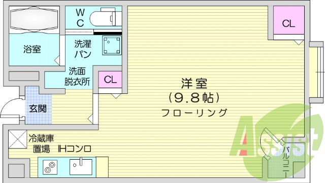 1Ｒ、IＨコンロ、都市ガス、モニタ付きインターホン、エアコン