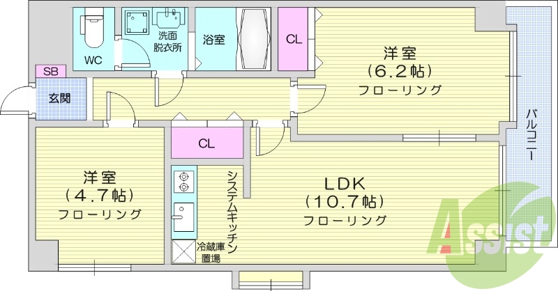 2LDK、モニター付きオートロック、エレベータ付