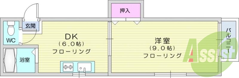 1ＤＫ，エアコン、室内洗濯機置場、クローゼット、トイレ浴室別