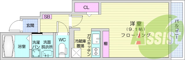 1K、システムキッチン、インターネット無料
