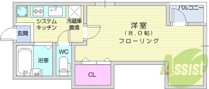 1K、エアコン、システムキッチン、バストイレ別