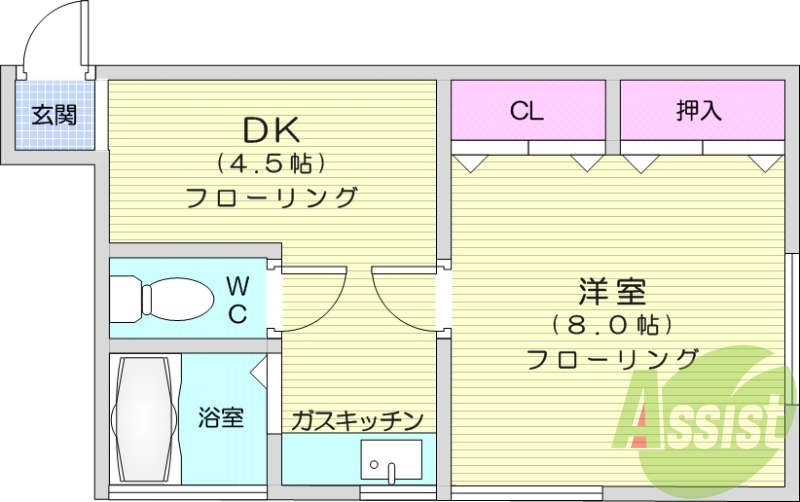 1DK、フローリング、エアコン、クローゼット