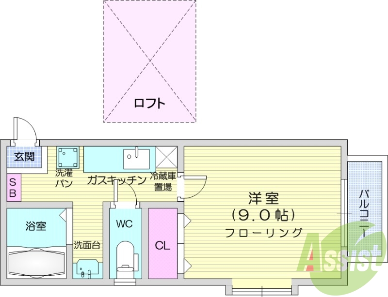 1K、フローリング、給湯、バルコニー、シャンプードレッサー