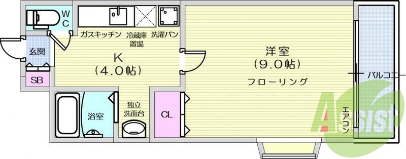 1K、エアコン、室内洗濯機置場、トイレ浴室別、クローゼット