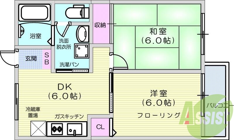 2DK、南向き、バス・トイレ別、エアコン、バルコニー