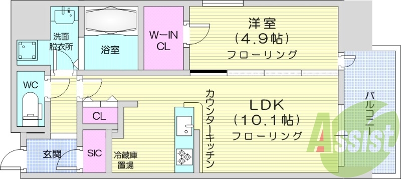 1LDK、エアコン2基、バルコニー、ウォークインクローゼット