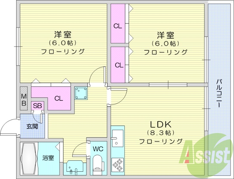 2LDK、システムキッチン、バルコニー、クローゼット、給湯
