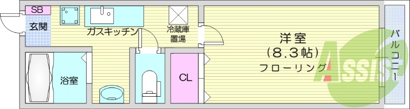 1K、エアコン、バストイレ別、室内洗濯機置き場