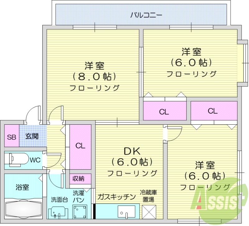 ３DK、角部屋、独立洗面台、フローリング、エアコン、南向き