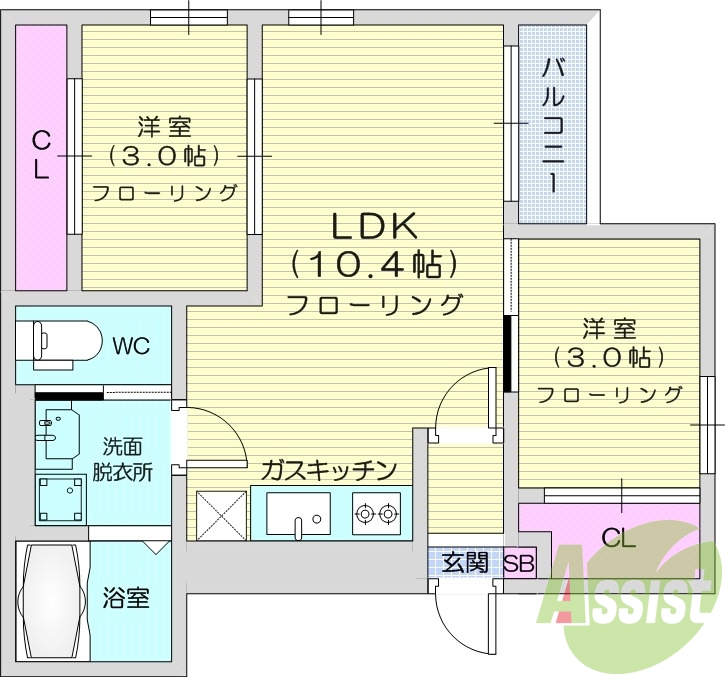 2LDK、インターネット無料、オートロック、浴室乾燥、