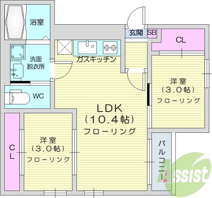 2LDK、インターネット無料、オートロック、浴室乾燥、
