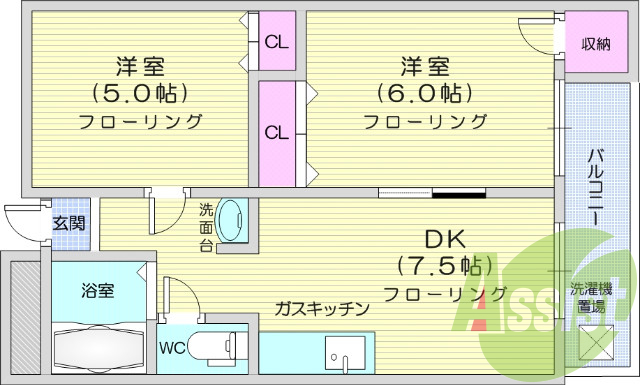 2dk、シューズボックス、独立洗面台、エアコン