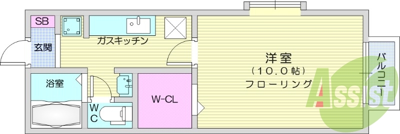 1K、インターネット無料、エアコン、バルコニー。